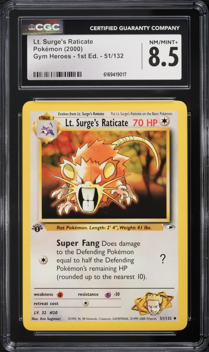 2000 Pokemon Gym Heroes 1st Edition Lt. Surge's Raticate #51 CGC 8.5 NM-MT+