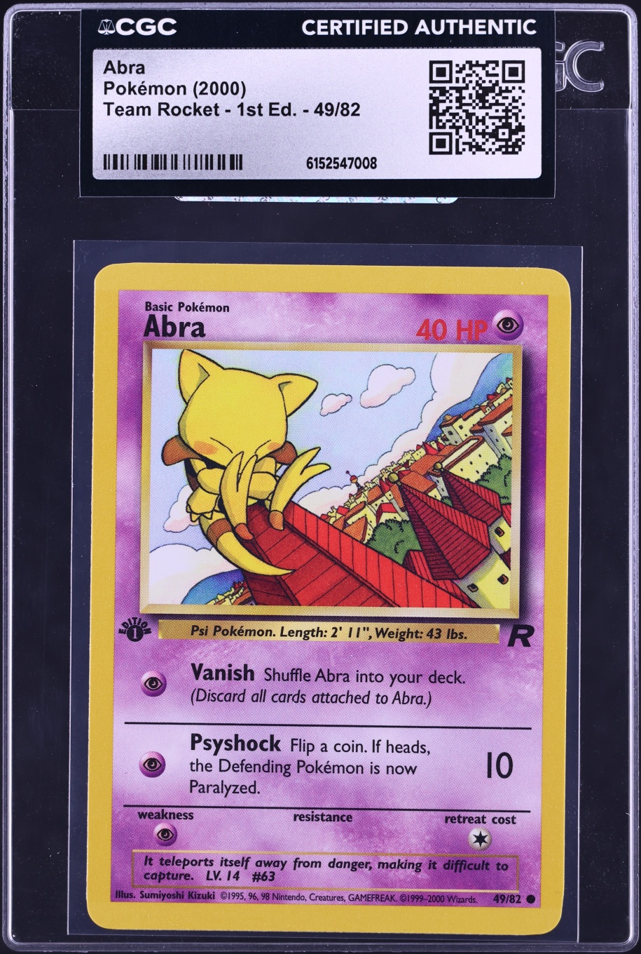 2000 Pokemon Team Rocket 1st Edition Abra #49 CGC AUTH