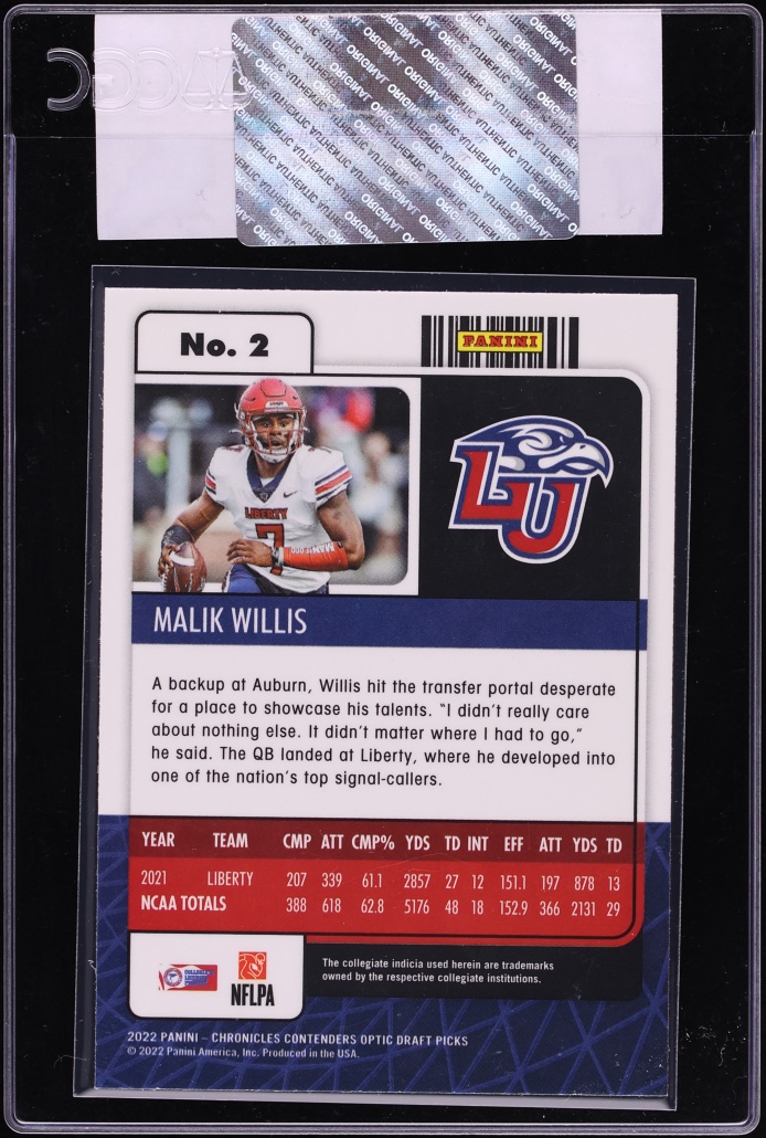 2022 Panini Chronicles Draft Contenders Optic Malik Willis ROOKIE #2 CGC AUTH