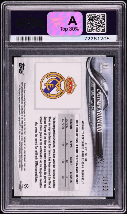 2017 Topps Chrome UEFA Champions League Gold Refractor Cristiano Ronaldo /50 #93 PSA 10 GEM