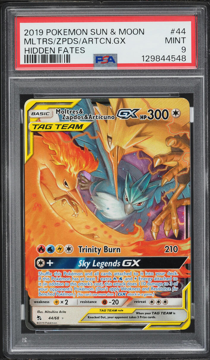2019 Pokemon Sun & Moon Hidden Fates Full Art Moltres Zapdos Articuno GX #44 PSA 9 MINT