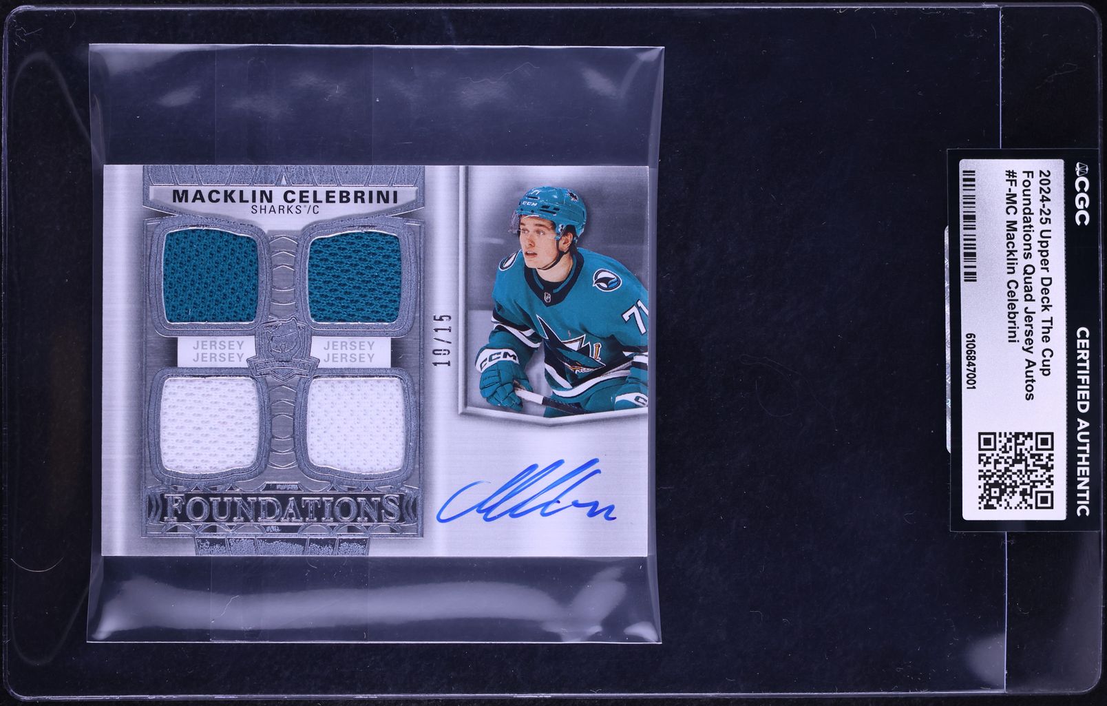 2024 UD The Cup Foundations Quad Jersey Macklin Celebrini ROOKIE PATCH AUTO /15 #F-MC CGC AUTH