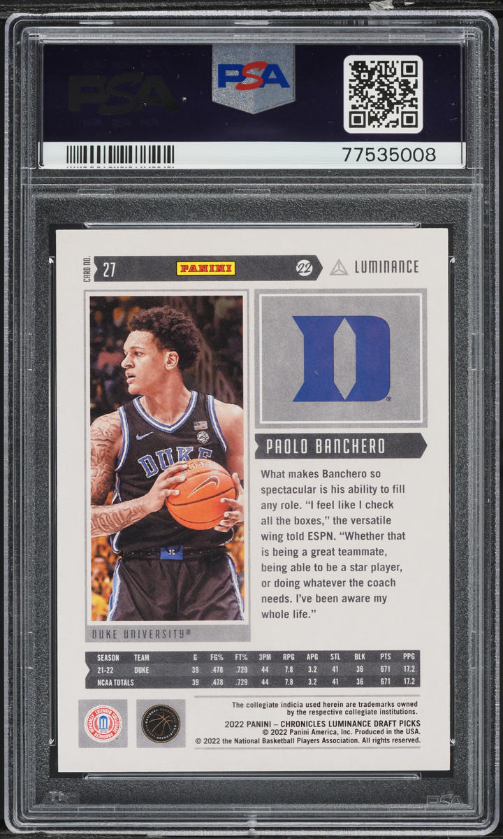 2022 Panini Chronicles DP Luminance Paolo Banchero ROOKIE #27 PSA 10 GEM MINT