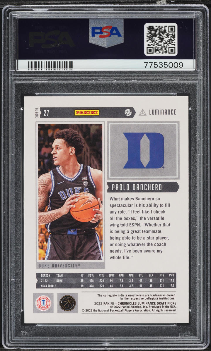 2022 Panini Chronicles DP Luminance Paolo Banchero ROOKIE #27 PSA 9 MINT