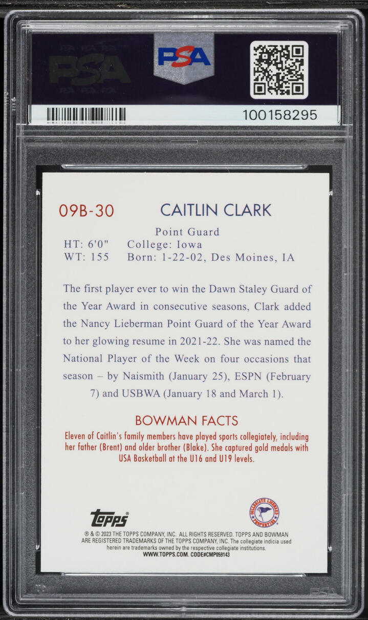 2022 Bowman University '09 Caitlin Clark ROOKIE #09B-30 PSA 10 GEM MINT