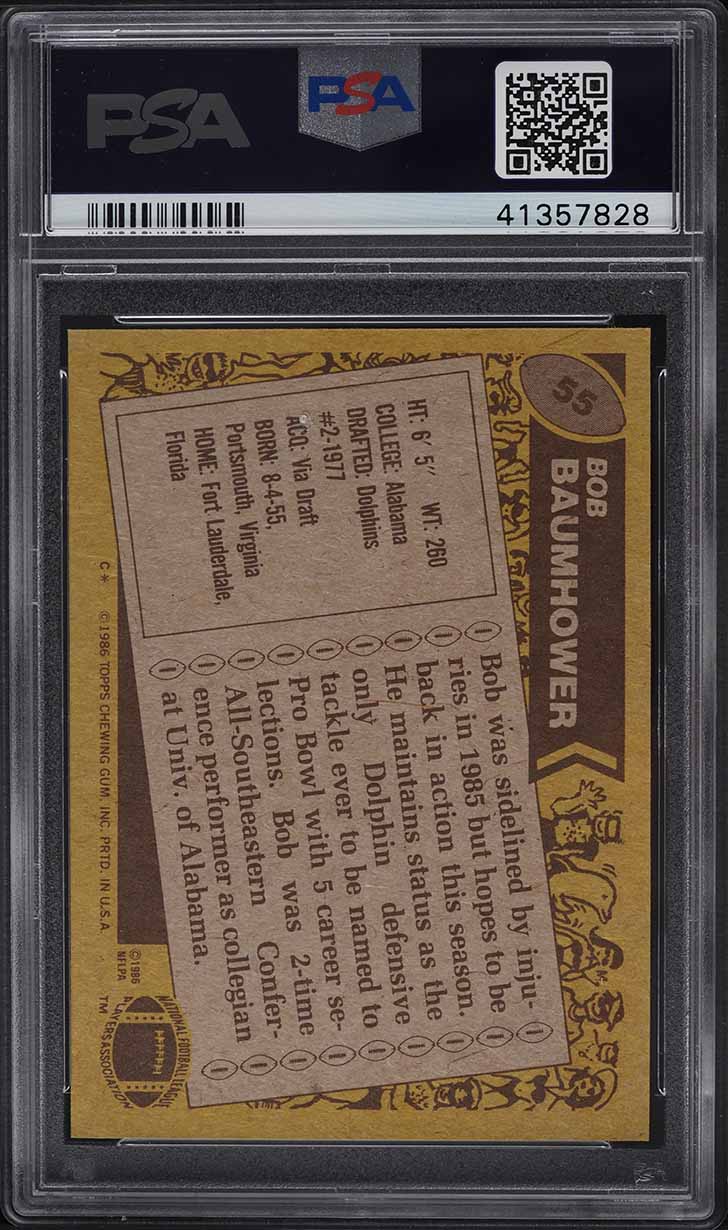 1986 Topps Football Bob Baumhower #55 PSA 8 NM-MT