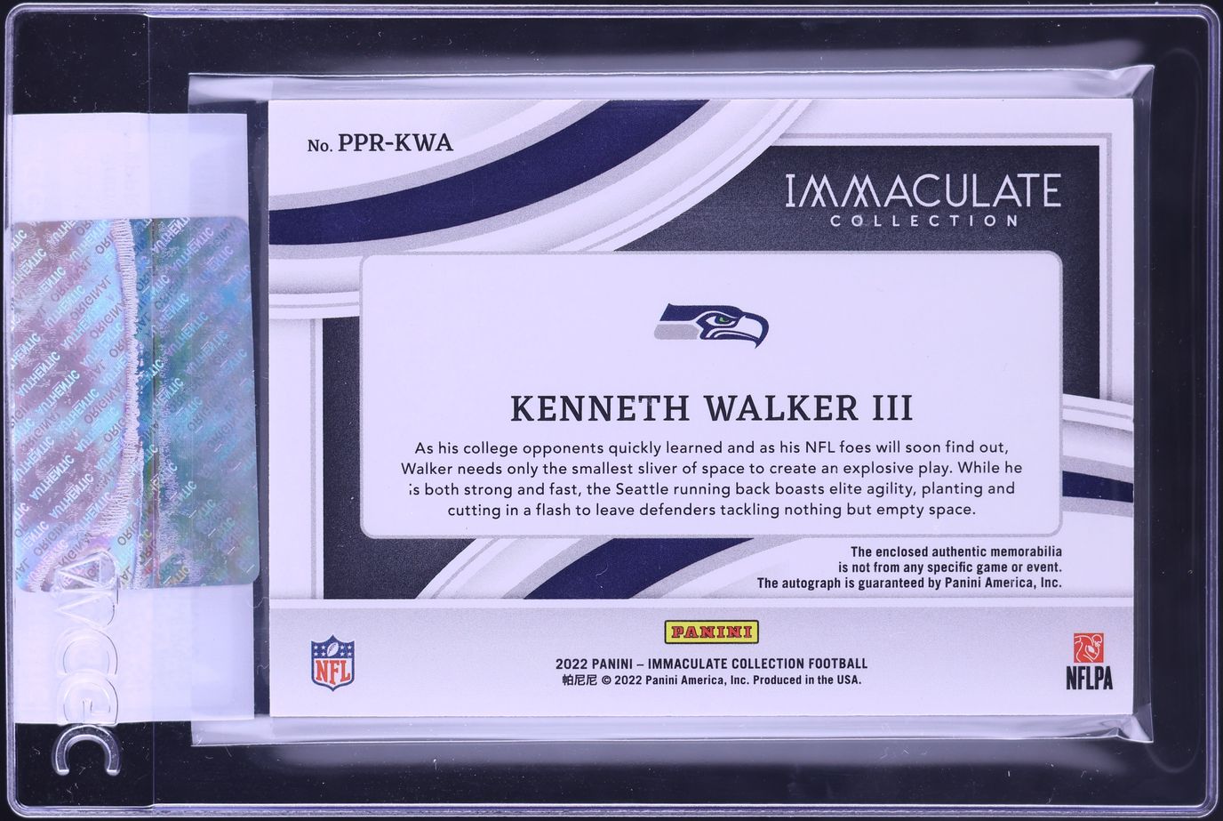 2022 Immaculate Collection Premium Kenneth Walker III ROOKIE PATCH AUTO /99 #PPR-KWA CGC AUTH - Photo 2