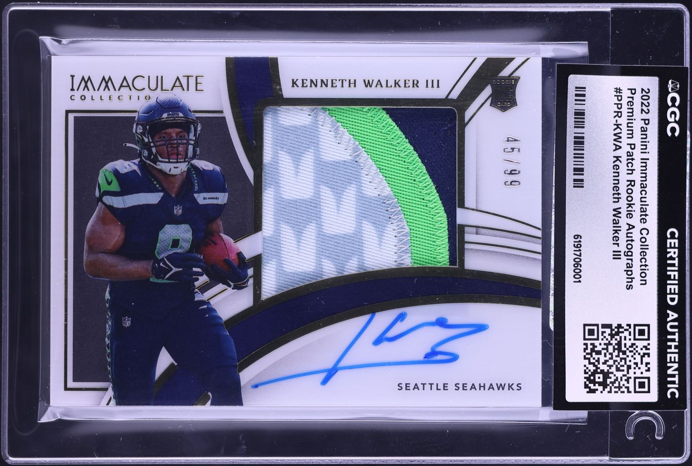 2022 Immaculate Collection Premium Kenneth Walker III ROOKIE PATCH AUTO /99 #PPR-KWA CGC AUTH