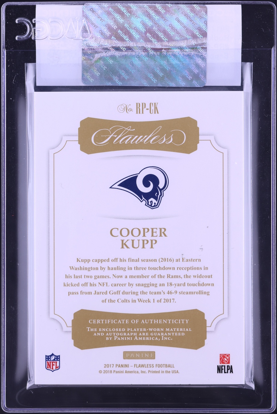 2017 Panini Flawless Sapphire Cooper Kupp ROOKIE PATCH AUTO /10 #RP-CK CGC AUTH - Photo 2