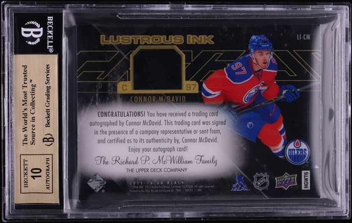 2015 Upper Deck Black Lustrous Connor McDavid ROOKIE AUTO /35 #LICM BGS 9.5 GEM MINT