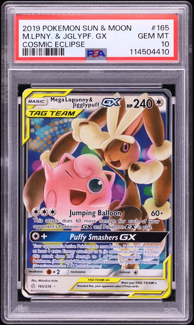 2019 Pokemon Sun & Moon Cosmic Eclipse Mega Lopunny & Jigglypuff GX #165 PSA 10 GEM MINT