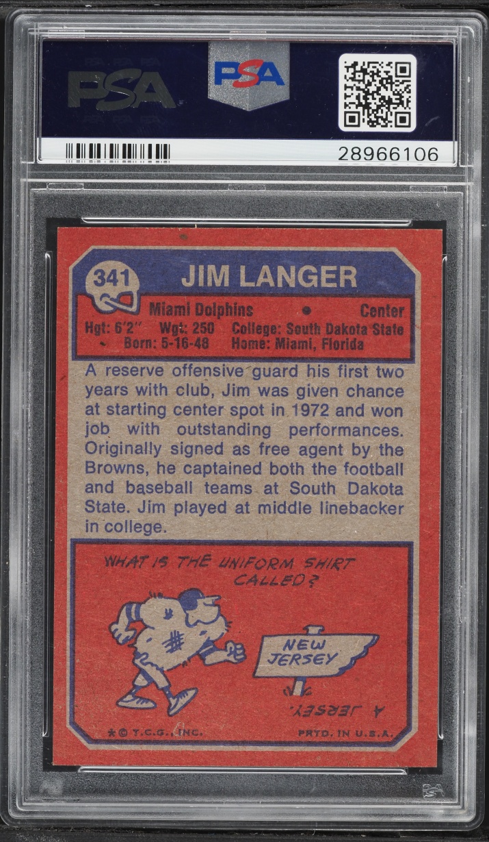 1973 Topps Football Jim Langer #341 PSA 9 MINT
