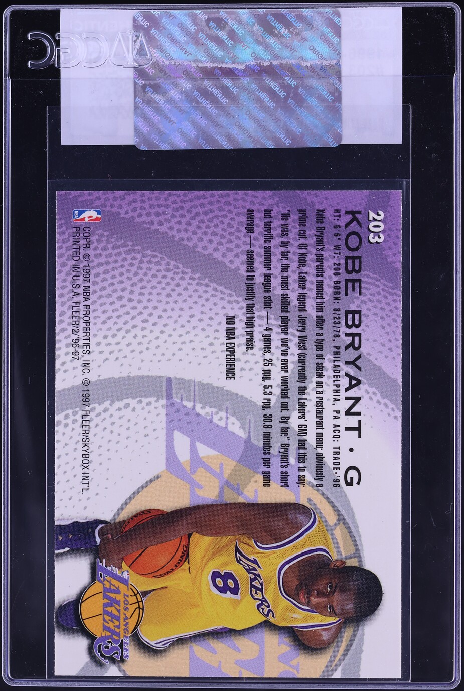 1996 Fleer Basketball Kobe Bryant ROOKIE #203 CGC AUTH