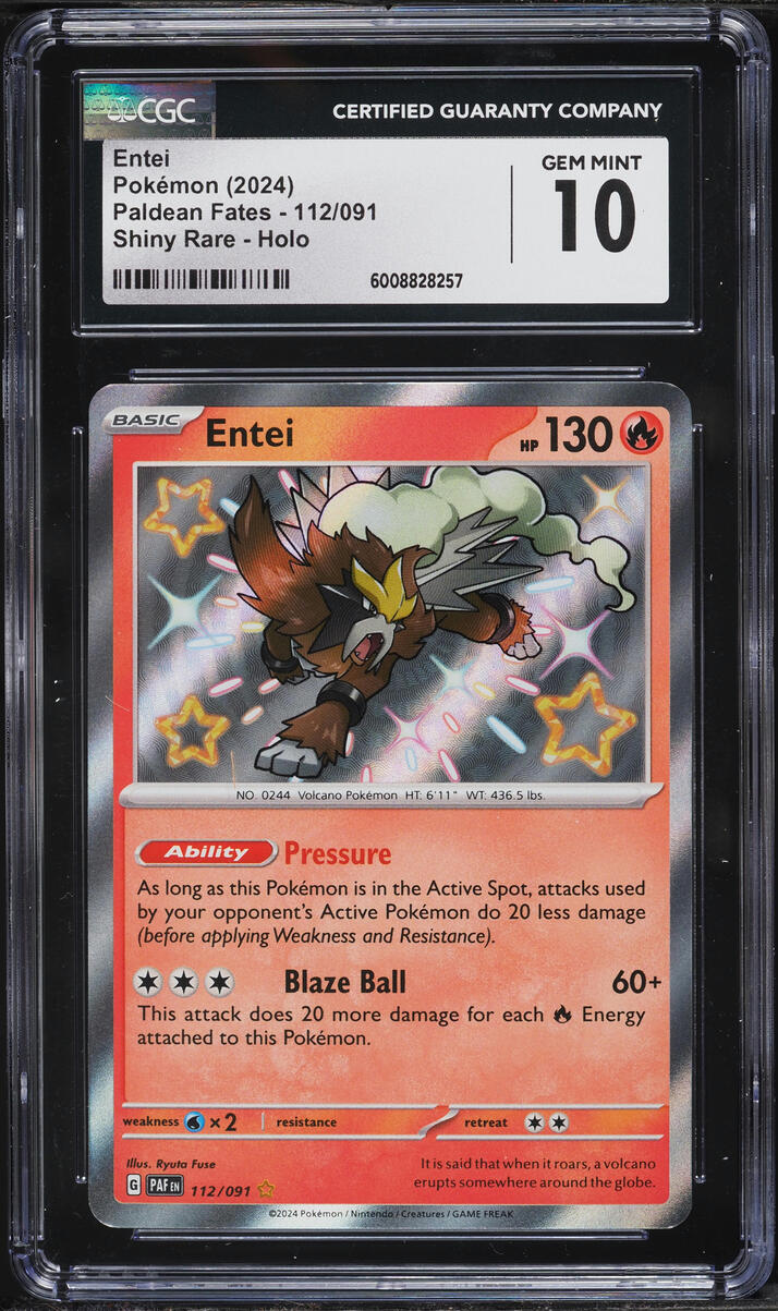 2024 Pokemon Scarlet & Violet Paldean Fates Shiny Rare Entei #112 CGC 10 GEM MINT