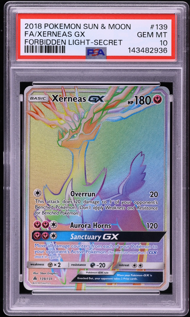 2018 Pokemon Sun & Moon Forbidden Light Rainbow Rare Xerneas GX #139 PSA 10 GEM MINT