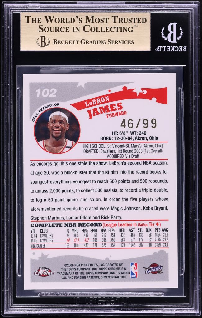 2005 Topps Chrome Gold Refractor LeBron James /99 #102 BGS 9.5 GEM MINT