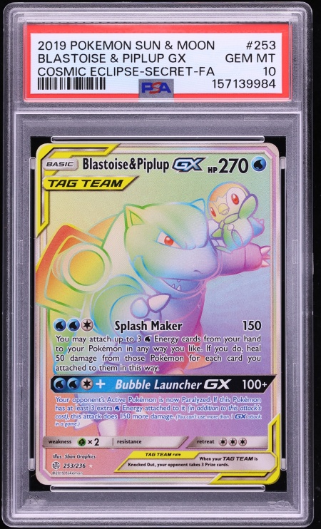 2019 Pokemon Sun & Moon Cosmic Eclipse Rainbow Rare Blastoise & Piplup GX #253 PSA 10 GEM MINT