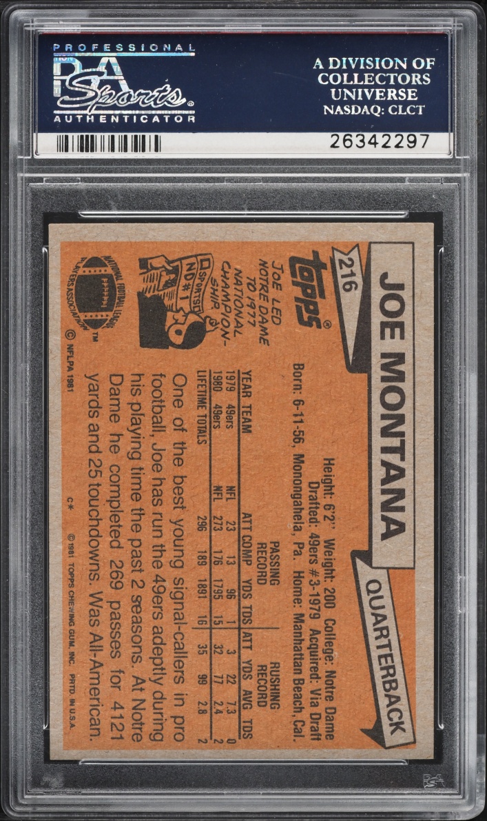 1981 Topps Football Joe Montana ROOKIE #216 PSA 8 NM-MT