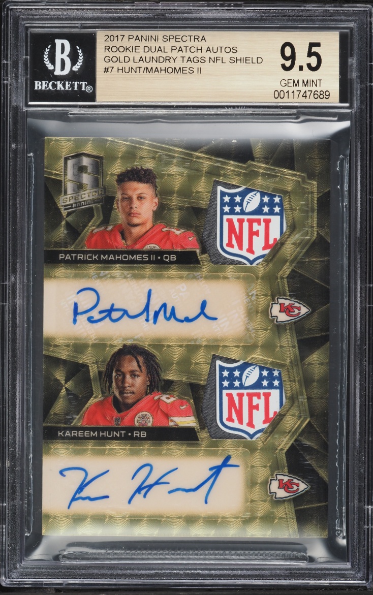 2017 Spectra Gold Tags Kareem Hunt Patrick Mahomes II ROOKIE SHIELD PATCH AUTO 1/1 BGS 9.5 GEM