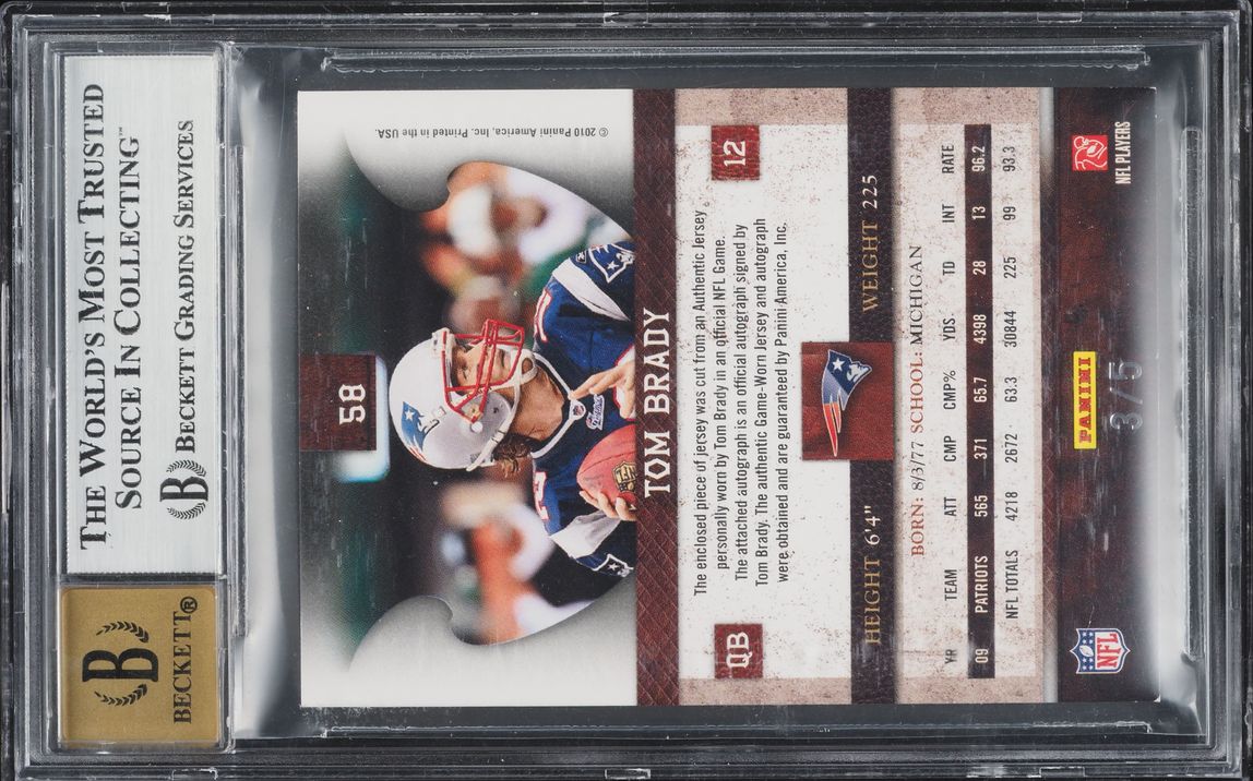 2010 Panini Plates & Patches Prime Nameplate Tom Brady PATCH AUTO /5 #58 BGS 8.5 NM-MT+