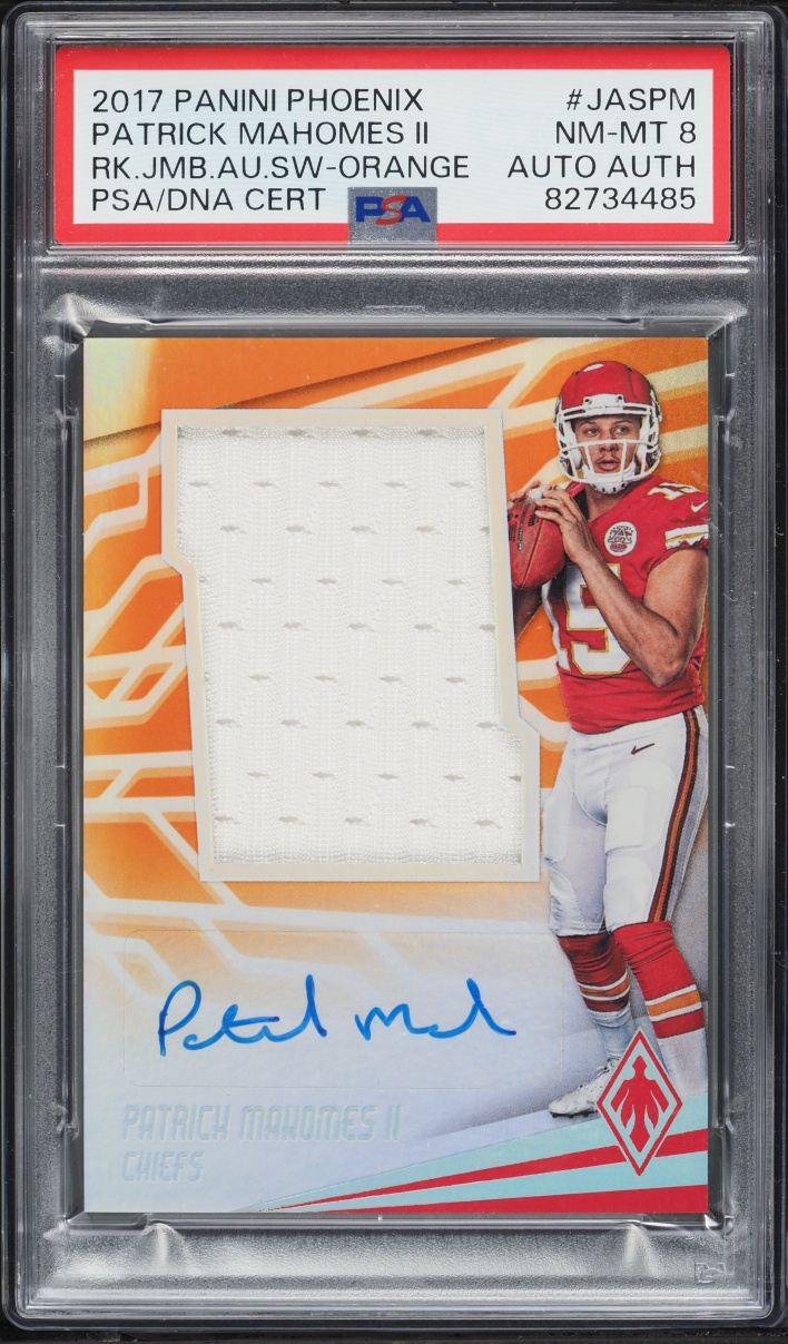 2017 Panini Phoenix Swatch Orange Patrick Mahomes II PATCH AUTO /25 #JASPM PSA 8 NM-MT