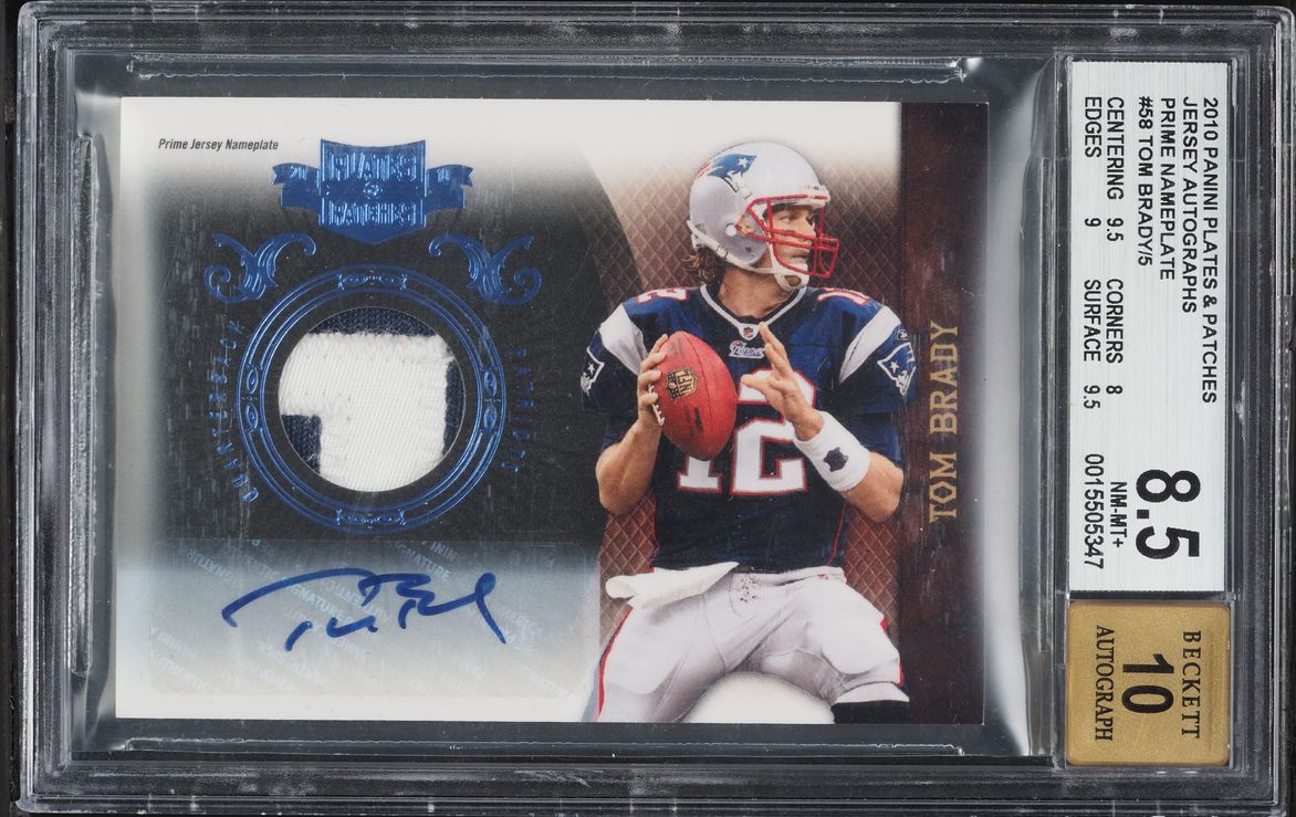 2010 Panini Plates & Patches Prime Nameplate Tom Brady PATCH AUTO /5 #58 BGS 8.5 NM-MT+