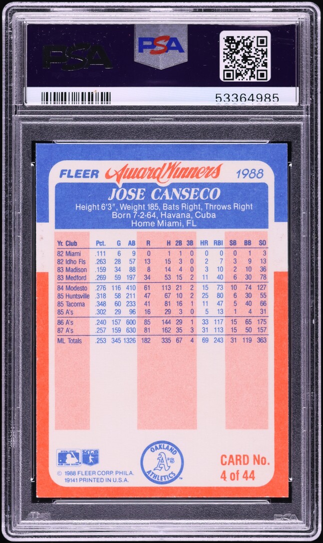 1988 Fleer Award Winners Jose Canseco #4 PSA 9 MINT
