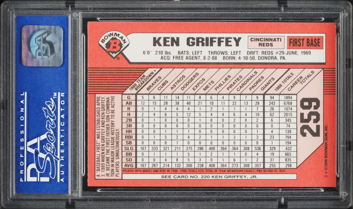 1989 Bowman Tiffany Ken Griffey Sr. & Jr. ROOKIE #259 PSA 9 MINT - Photo 2