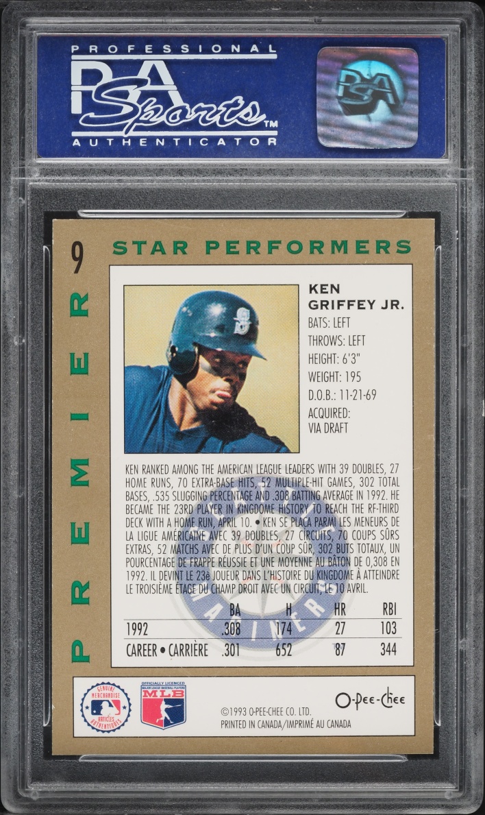 1993 O-Pee-Chee Premier Star Performers Ken Griffey Jr. #9 PSA 9 MINT - Photo 2