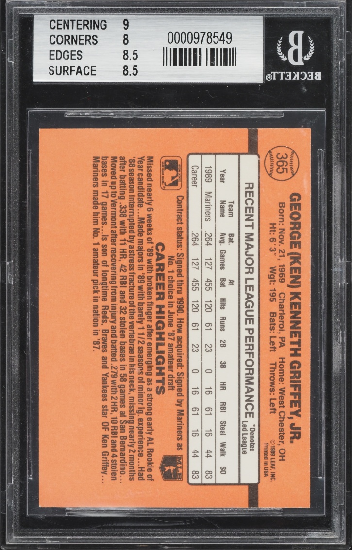 2001 Donruss Anniversary Originals '90 Ken Griffey Jr. #365 BGS 8.5 NM-MT+ - Photo 2