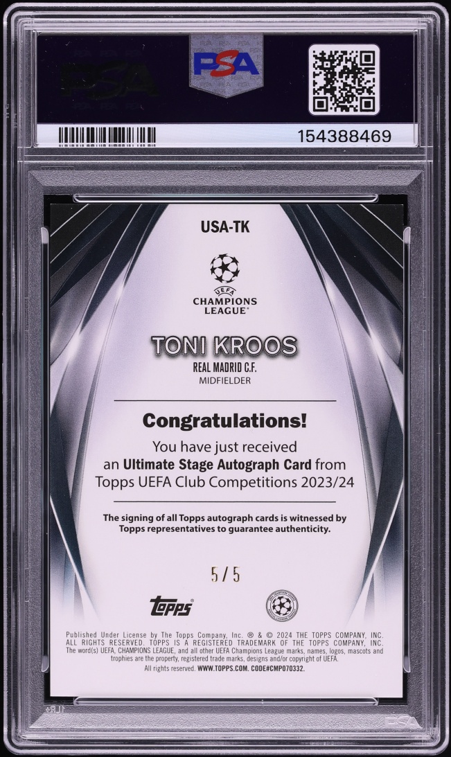 2023 Topps UEFA Club Competitions Ultimate Stage Red Foilboard Toni Kroos AUTO DNA 10 5/5 PSA 9