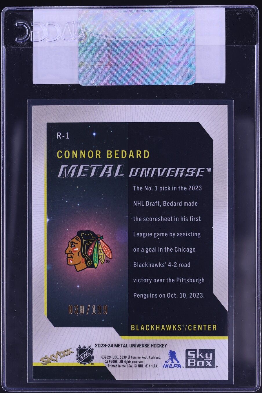 2023 Metal Universe '08 Retros Purple FX Connor Bedard ROOKIE /199 #R-1 CGC AUTH