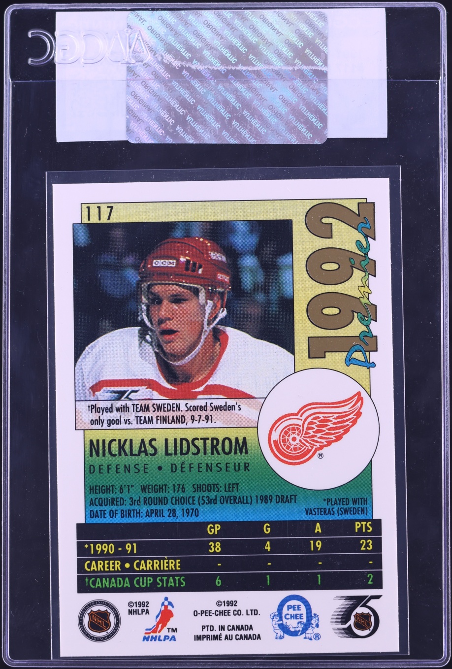 1991 O-Pee-Chee Premier Nicklas Lidstrom ROOKIE #117 JSA CGC AUTH