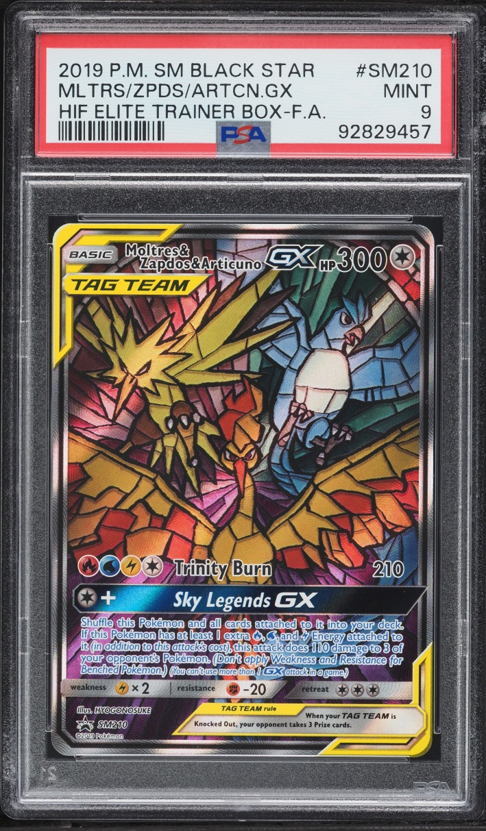 2019 Pokemon SM Promo Hidden Fates ETB Full Art Moltres & Zapdos & Articuno GX #210 PSA 9 MINT