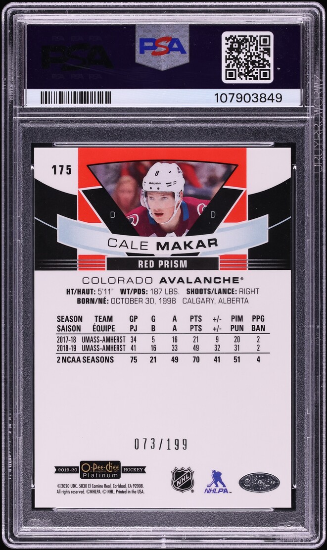 2019 O-Pee-Chee Platinum Red Prism Cale Makar ROOKIE /199 #175 PSA 10 GEM MINT - Photo 2