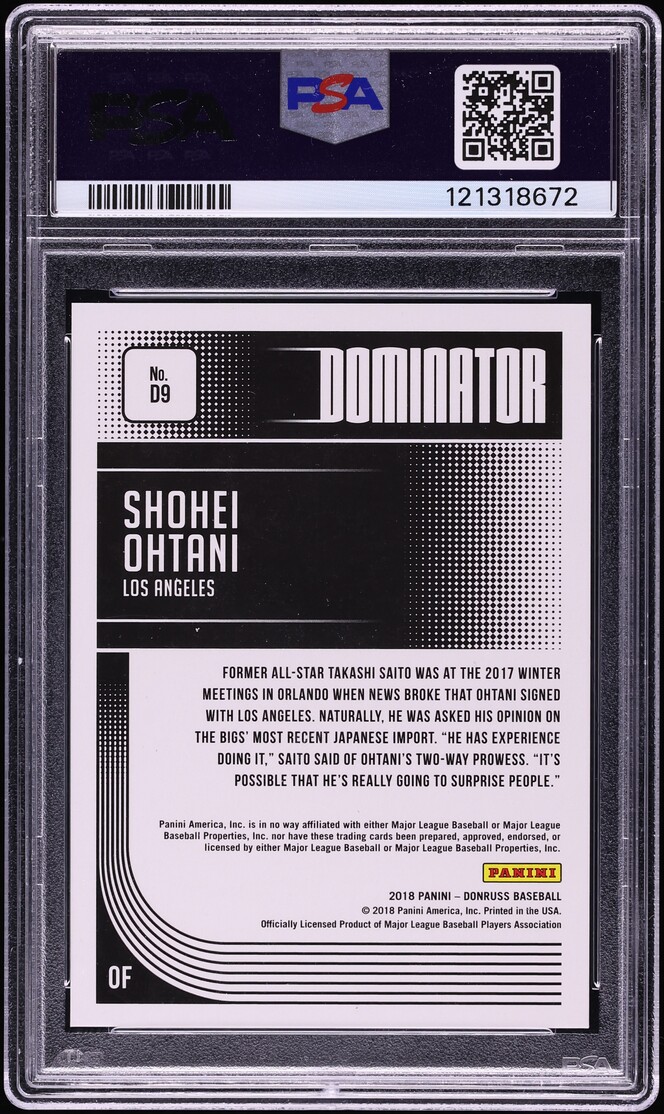 2018 Donruss Dominator Gold Shohei Ohtani ROOKIE /99 #D9 PSA 9 MINT - Photo 2