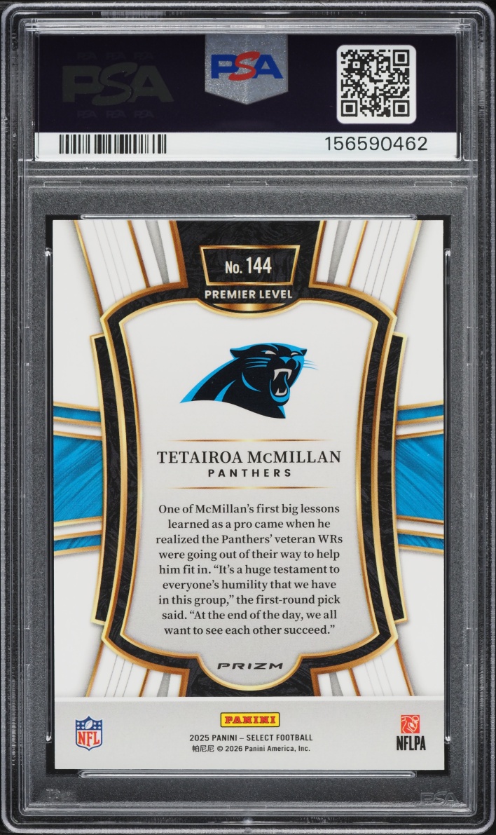 2025 Select Premier Level Zebra Shock Tetairoa McMillan ROOKIE #144 PSA 10 GEM MINT
