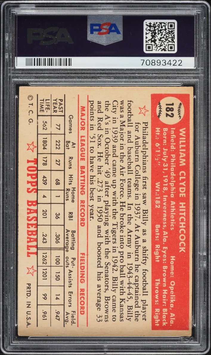 1952 Topps Billy Hitchcock #182 PSA 4 VGEX
