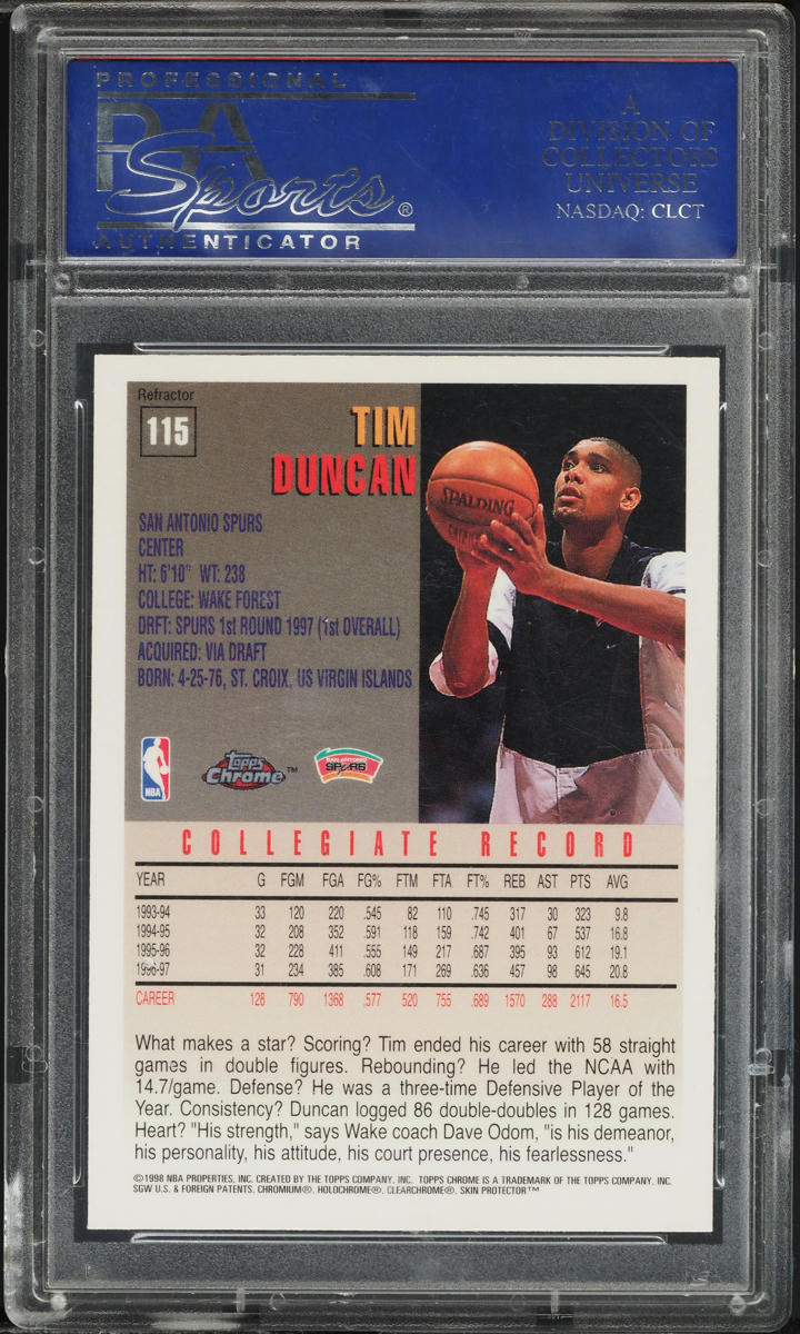 1997 Topps Chrome Refractor Tim Duncan ROOKIE #115 PSA 10 GEM MINT