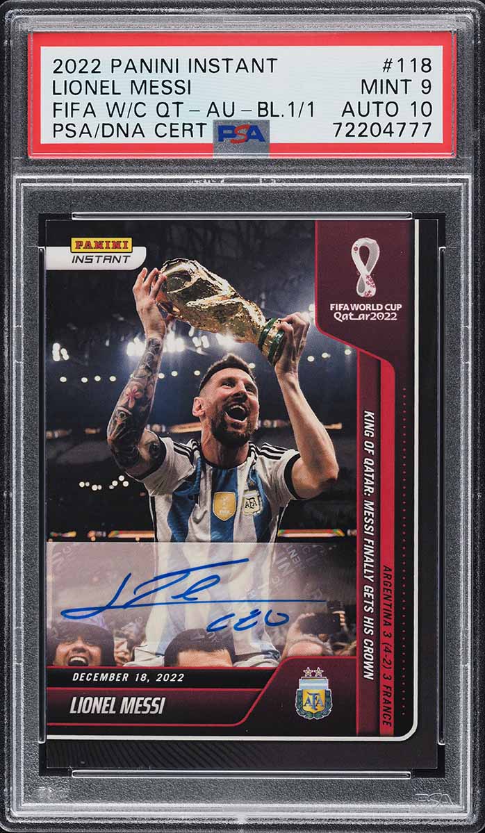 2022 Panini Instant FIFA WC Qatar Black Lionel Messi AUTO DNA 10 1/1 #118 PSA 9