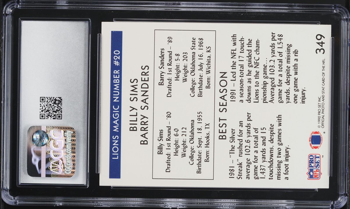 1992 Pro Set Billy Sims & Barry Sanders #349 CGC 10 GEM MINT