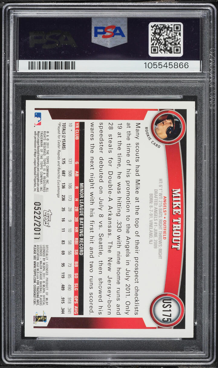 2011 Topps Update Gold Mike Trout ROOKIE /2011 #US175 PSA 8.5 NM-MT+ - Photo 2