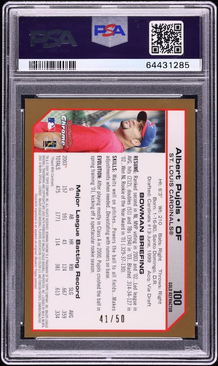 2004 Bowman Chrome Gold Refractor Albert Pujols /50 #100 PSA 9 MINT - Photo 2