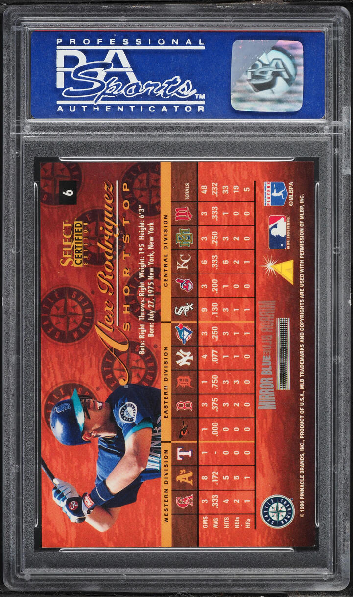 1996 Select Certified Mirror Blue Alex Rodriguez #6 PSA 9 MINT - Photo 2