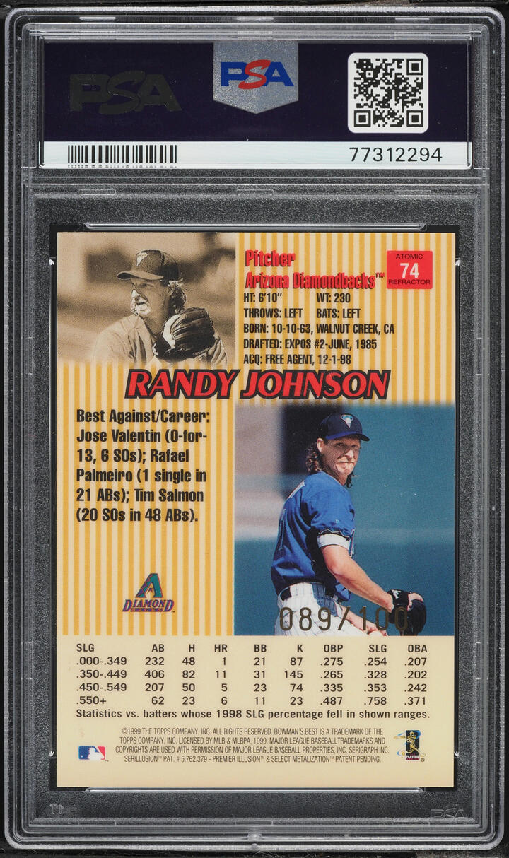 1999 Bowman's Best Atomic Refractor Randy Johnson /100 #74 PSA 10 GEM MINT - Photo 2
