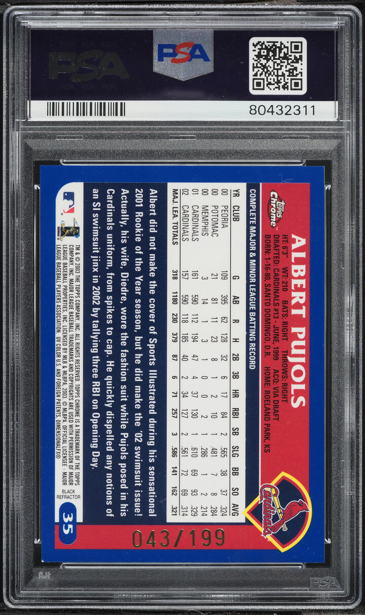 2003 Topps Chrome Black Refractor Albert Pujols /199 #35 PSA 9 MINT - Photo 2