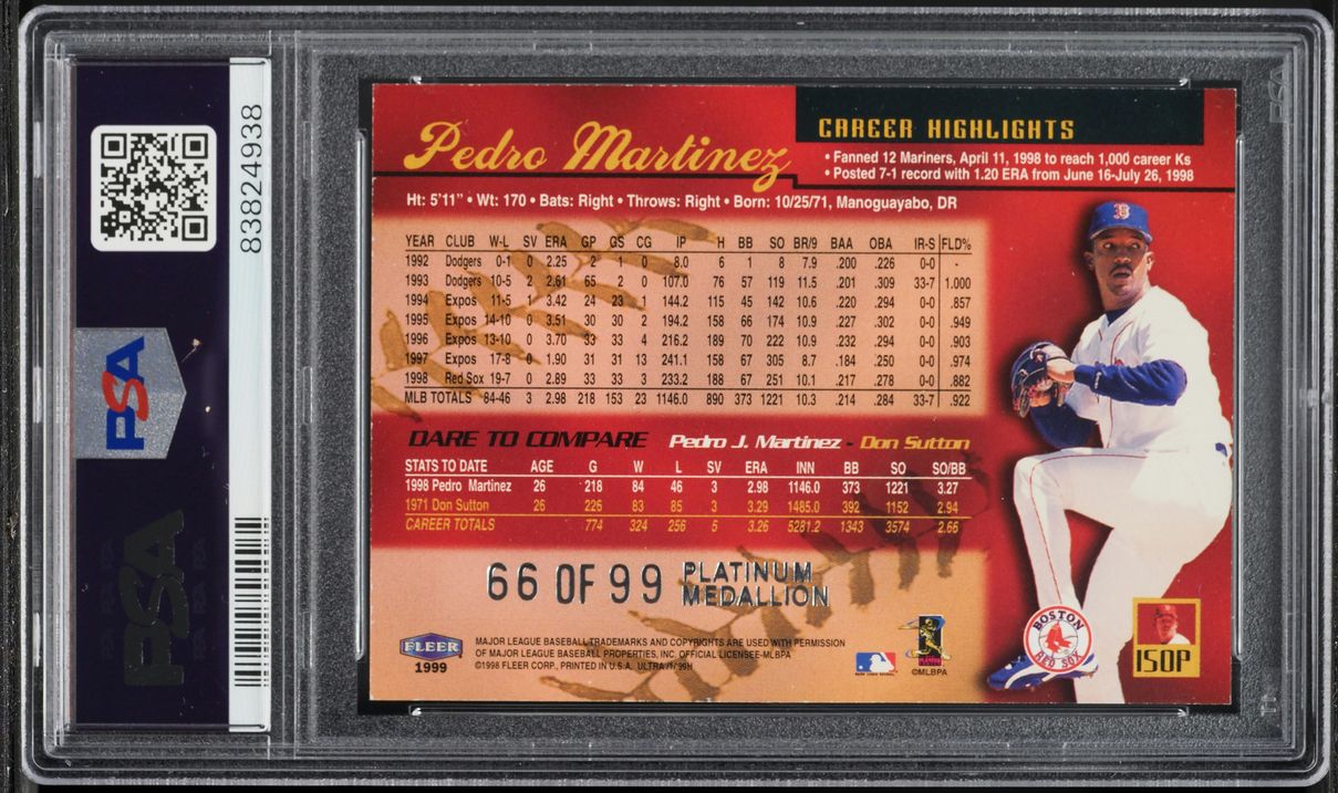 1999 Ultra Platinum Medallion Pedro Martinez /99 #150P PSA 9 MINT - Photo 2