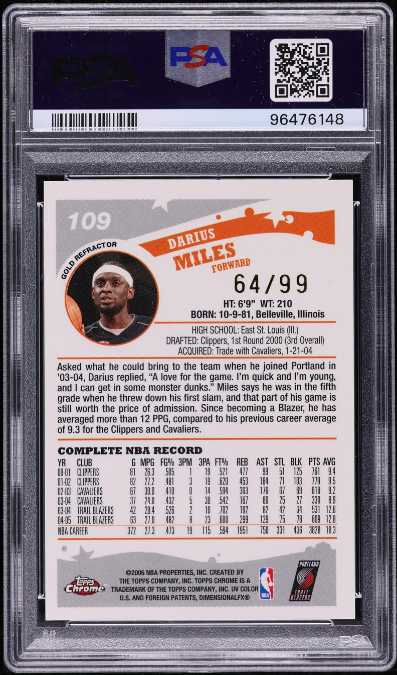 2005 Topps Chrome Gold Refractor Darius Miles /99 #109 PSA 10 GEM MINT