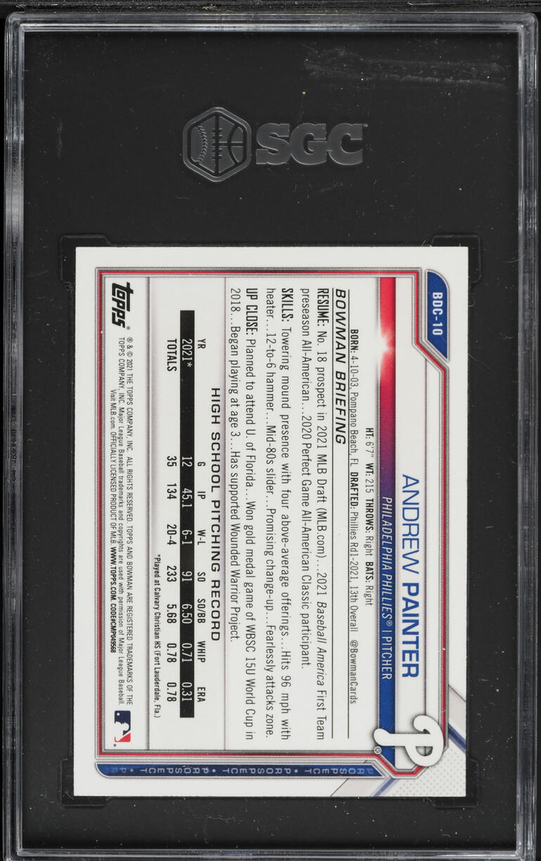 2021 Bowman Chrome Draft Andrew Painter PROSPECT #BDC-10 SGC 9 MINT