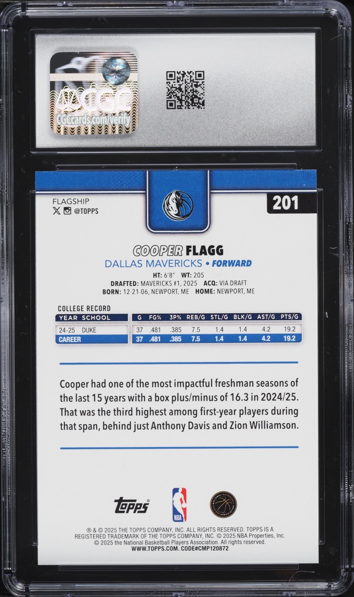 2025 Topps Basketball Cooper Flagg ROOKIE #201 CGC 9 MINT
